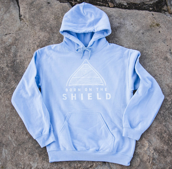 BORN ON THE SHIELD - UNISEX HOODIE - CANOE LOGO, WHITE PRINT (multiple colours)