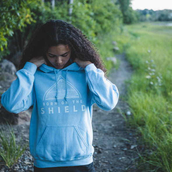 BORN ON THE SHIELD - UNISEX HOODIE - CANOE LOGO, WHITE PRINT (multiple colours)