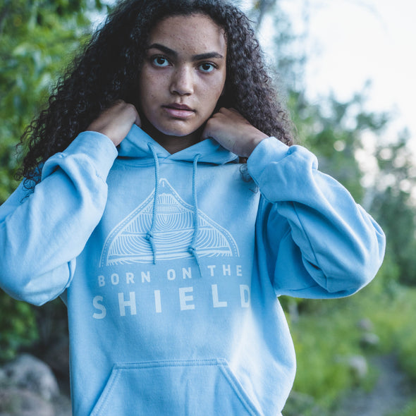 BORN ON THE SHIELD - UNISEX HOODIE - CANOE LOGO, WHITE PRINT (multiple colours) *CUSTOMIZABLE*