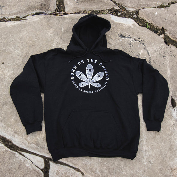 BORN ON THE SHIELD - UNISEX HOODIE - WHITE SNOWSHOE MAPLE LEAF (multiple colours)