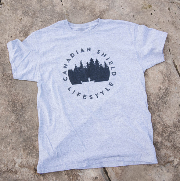 CANADIAN SHIELD LIFESTYLE  FISHING (Unisex cotton tee - grey and white)