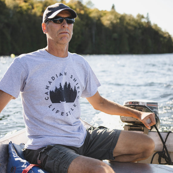 CANADIAN SHIELD LIFESTYLE  FISHING (Unisex cotton tee - grey and white)  *CUSTOMIZABLE*