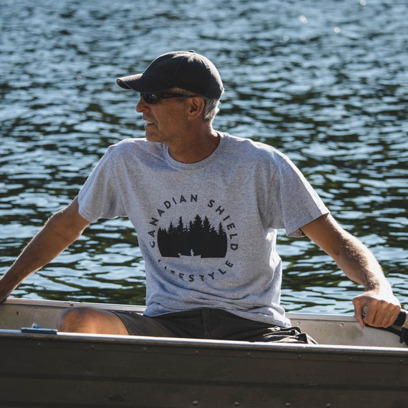 CANADIAN SHIELD LIFESTYLE  FISHING (Unisex cotton tee - grey and white)