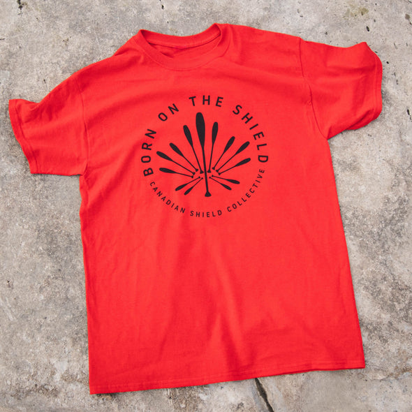 BORN ON THE SHIELD - PADDLE MAPLE LEAF (Unisex cotton tee - red, grey, white)