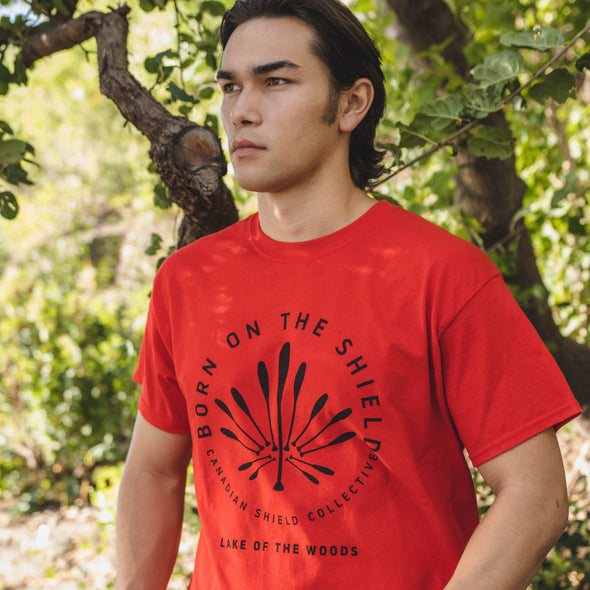 BORN ON THE SHIELD - PADDLE MAPLE LEAF (Unisex cotton tee - red, grey, white)  *CUSTOMIZABLE*