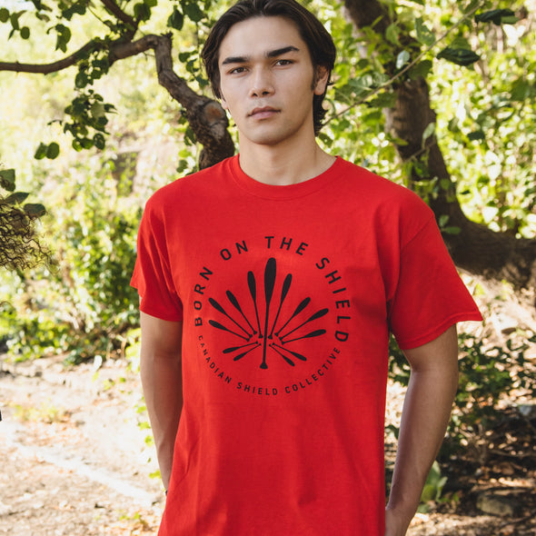 BORN ON THE SHIELD - PADDLE MAPLE LEAF (Unisex cotton tee - red, grey, white)