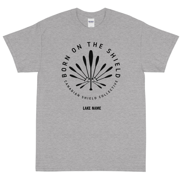 BORN ON THE SHIELD - PADDLE MAPLE LEAF (Unisex cotton tee - red, grey, white)  *CUSTOMIZABLE*