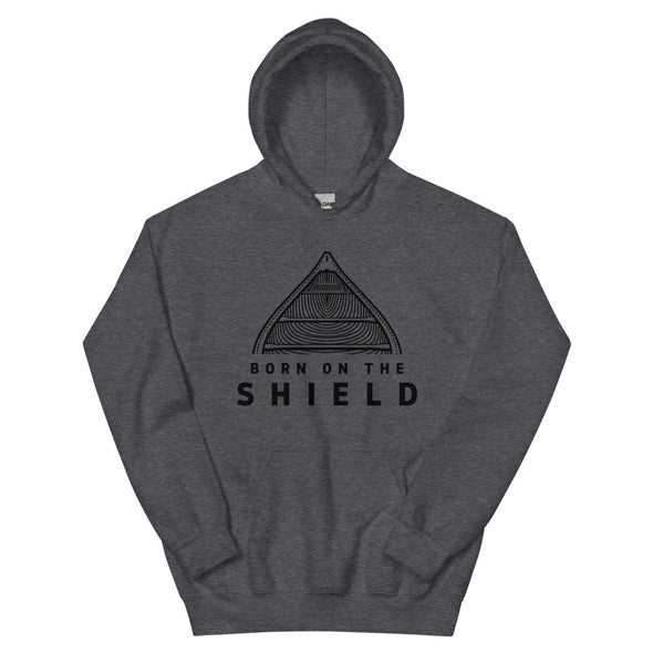 BORN ON THE SHIELD - UNISEX HOODIE - CANOE LOGO, BLACK PRINT (multiple colours)