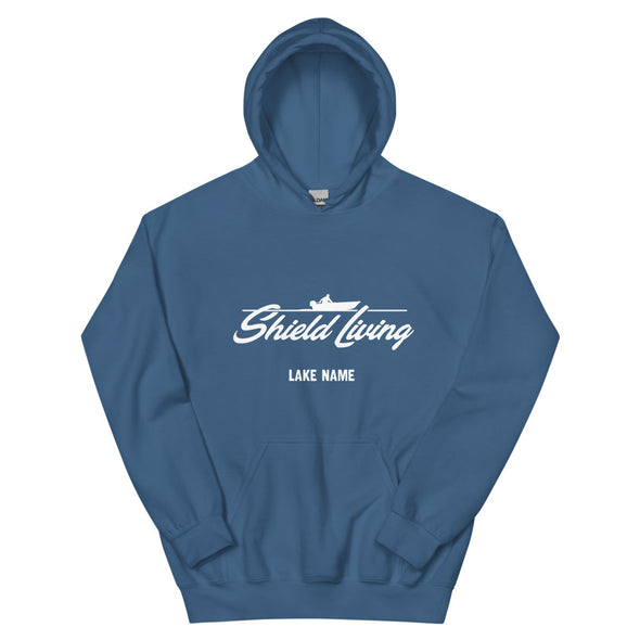 SHIELD LIVING - UNISEX HOODIE  BOAT LOGO, WHITE PRINT (multiple colours)  *CUSTOMIZABLE*