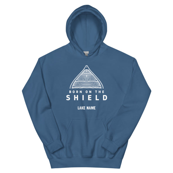 BORN ON THE SHIELD - UNISEX HOODIE - CANOE LOGO, WHITE PRINT (multiple colours) *CUSTOMIZABLE*