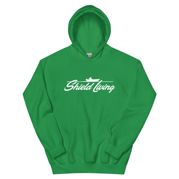 SHIELD LIVING - UNISEX HOODIE   BOAT LOGO, WHITE PRINT (multiple colours)