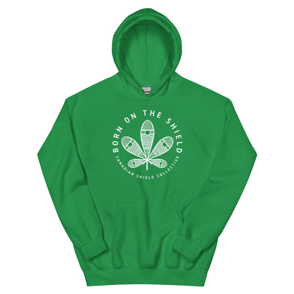 BORN ON THE SHIELD - UNISEX HOODIE - WHITE SNOWSHOE MAPLE LEAF (multiple colours)