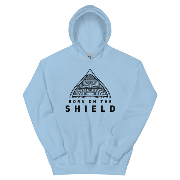 BORN ON THE SHIELD - UNISEX HOODIE - CANOE LOGO, BLACK PRINT (multiple colours)