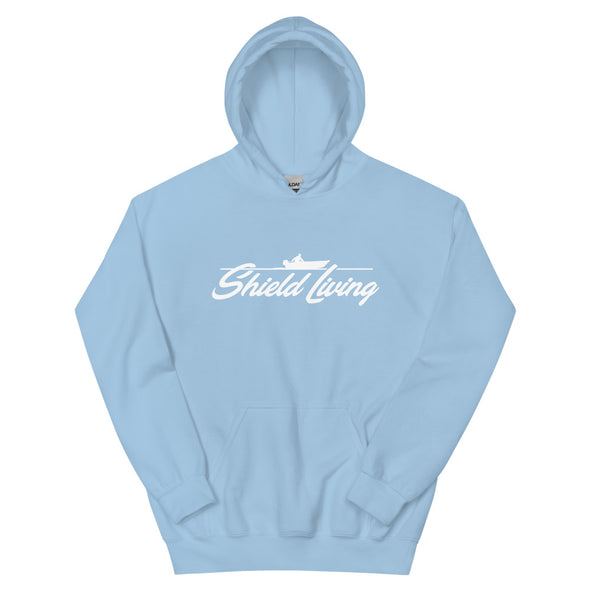 SHIELD LIVING - UNISEX HOODIE   BOAT LOGO, WHITE PRINT (multiple colours)