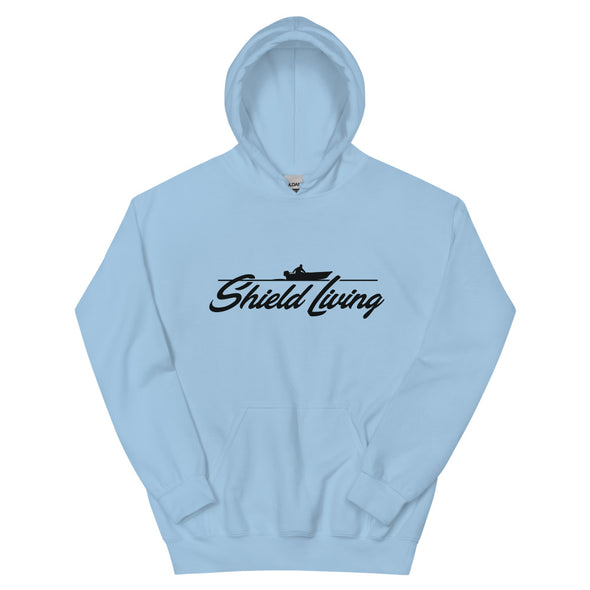 SHIELD LIVING - UNISEX HOODIE  BOAT LOGO, BLACK PRINT (multiple colours)