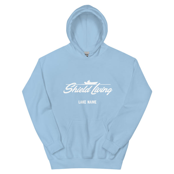 SHIELD LIVING - UNISEX HOODIE  BOAT LOGO, WHITE PRINT (multiple colours)  *CUSTOMIZABLE*