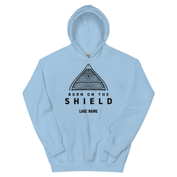 BORN ON THE SHIELD - UNISEX HOODIE - CANOE LOGO, BLACK PRINT (multiple colours) *CUSTOMIZABLE*