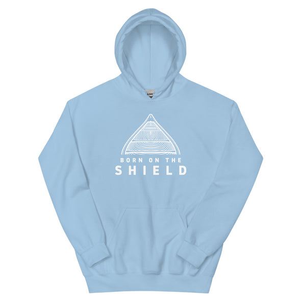 BORN ON THE SHIELD - UNISEX HOODIE - CANOE LOGO, WHITE PRINT (multiple colours)