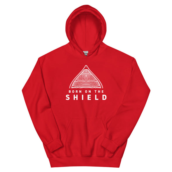 BORN ON THE SHIELD - UNISEX HOODIE - CANOE LOGO, WHITE PRINT (multiple colours)