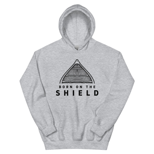 BORN ON THE SHIELD - UNISEX HOODIE - CANOE LOGO, BLACK PRINT (multiple colours)