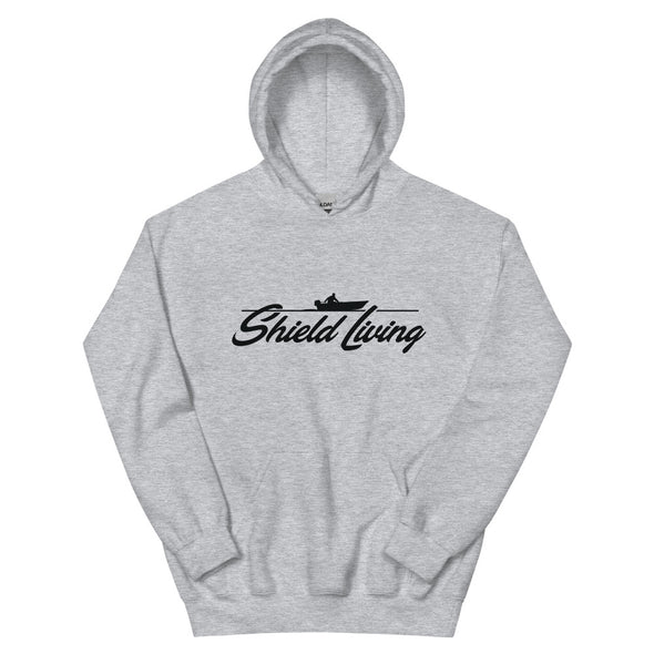 SHIELD LIVING - UNISEX HOODIE  BOAT LOGO, BLACK PRINT (multiple colours)