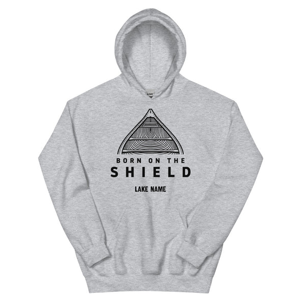 BORN ON THE SHIELD - UNISEX HOODIE - CANOE LOGO, BLACK PRINT (multiple colours) *CUSTOMIZABLE*