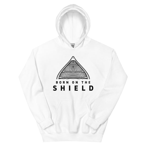 BORN ON THE SHIELD - UNISEX HOODIE - CANOE LOGO, BLACK PRINT (multiple colours)