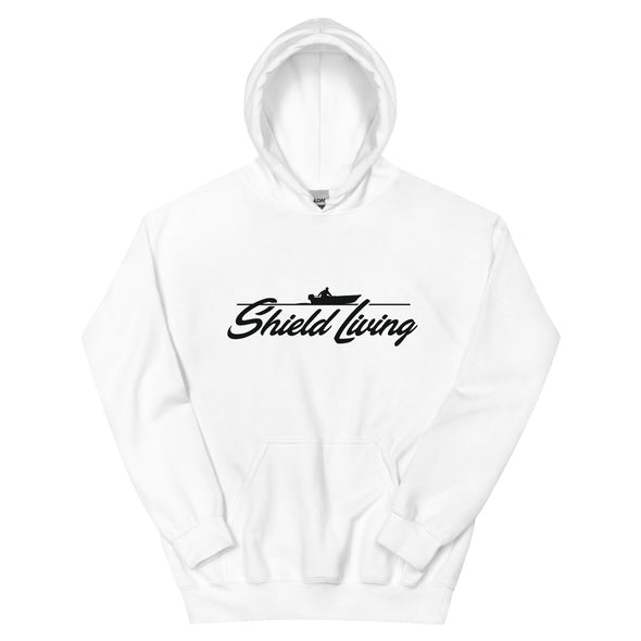 SHIELD LIVING - UNISEX HOODIE  BOAT LOGO, BLACK PRINT (multiple colours)