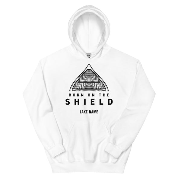 BORN ON THE SHIELD - UNISEX HOODIE - CANOE LOGO, BLACK PRINT (multiple colours) *CUSTOMIZABLE*