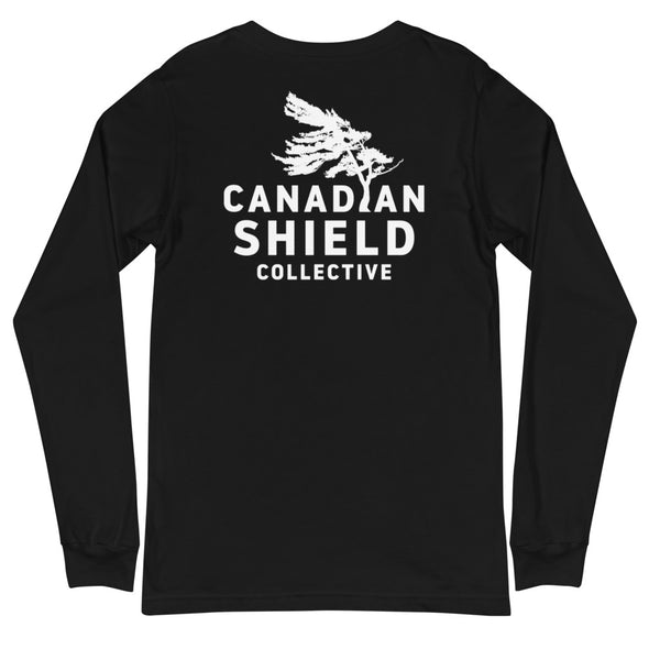 BORN ON THE SHIELD  SUNSET WITH CANADIAN SHIELD COLLECTIVE LOGO ON THE BACK (Unisex Long Sleeve Tee - black only)