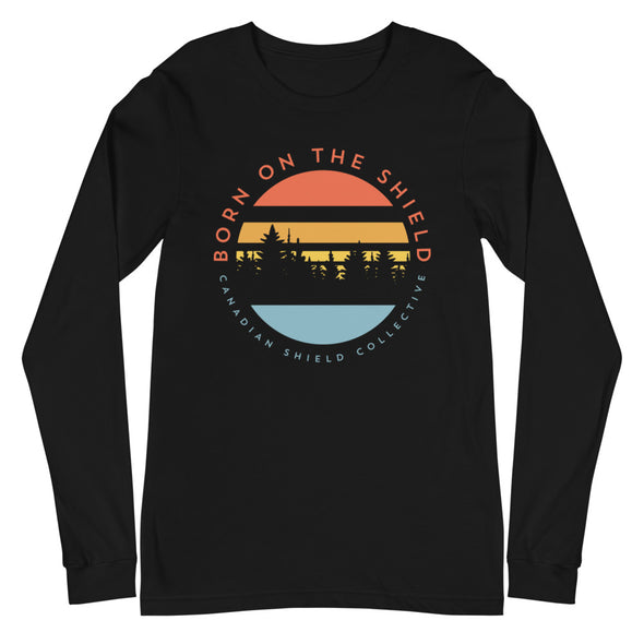 BORN ON THE SHIELD  SUNSET WITH CANADIAN SHIELD COLLECTIVE LOGO ON THE BACK (Unisex Long Sleeve Tee - black only)